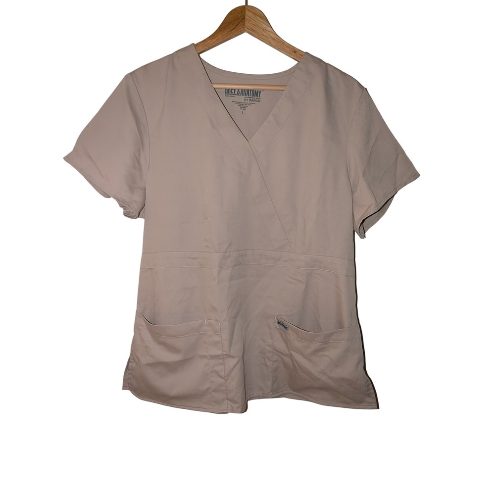 Greys Anatomy by Barco Womens Mock Wrap Scrub Top Tan Beige Large‎ V-Neck Pocket